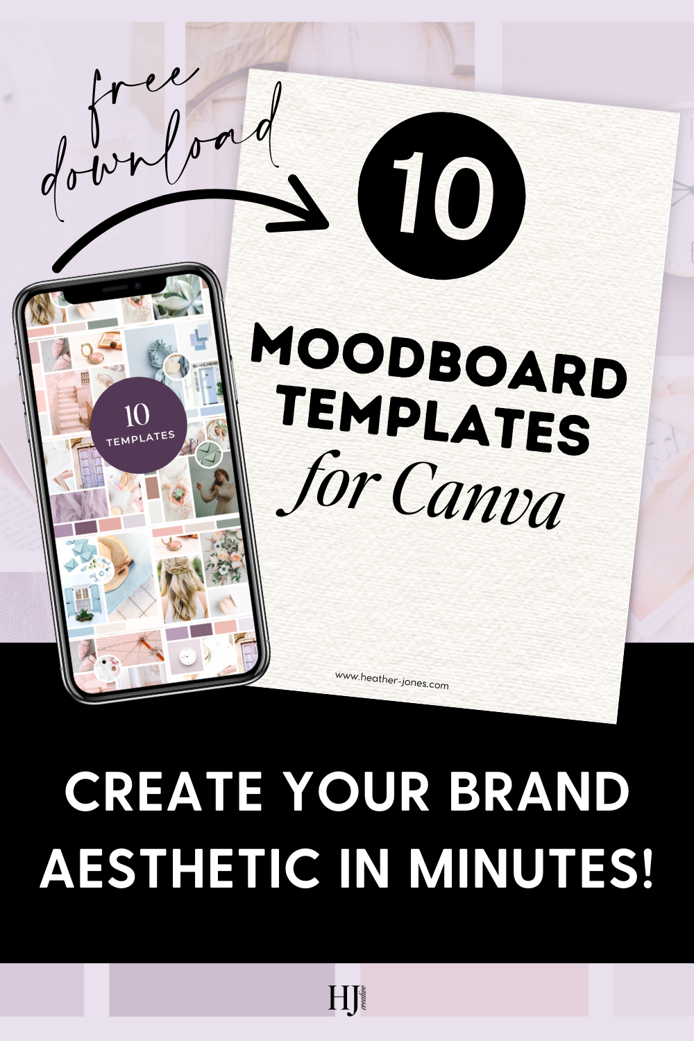 Mobile phone displaying free Canva moodboard templates for brand design