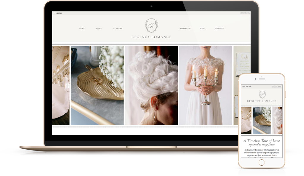 Regency Romance photography website design template, featuring an elegant and romantic layout perfect for wedding photographers.