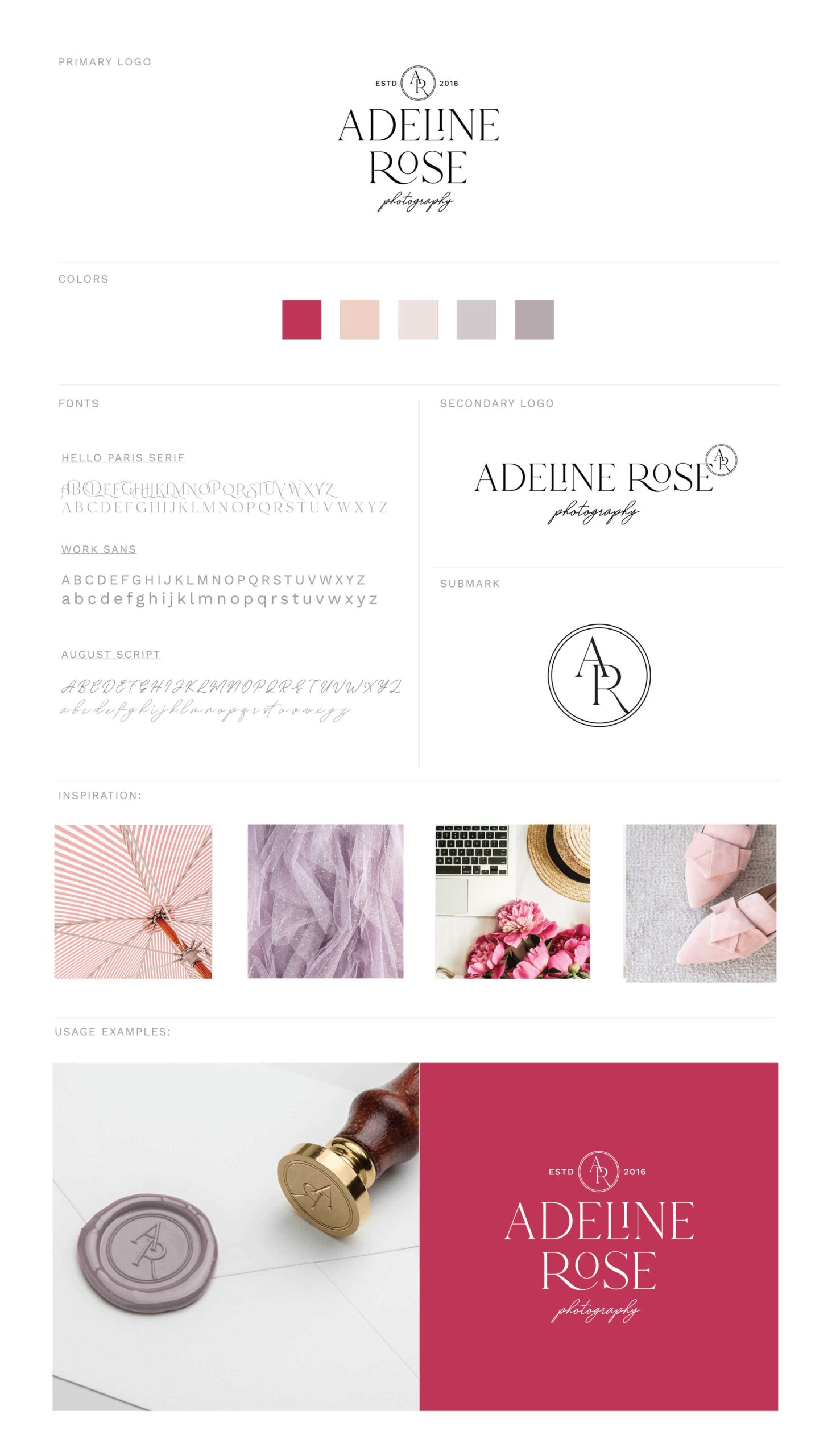 Custom brand lookbook designed by Heather Jones Creative featuring logos, colors, and fonts for a feminine coaching brand.